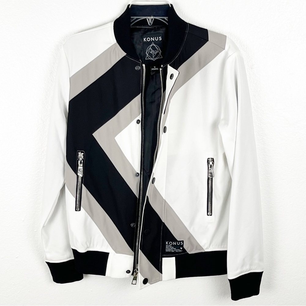 KONUS White Asymmetrical Geometric Panels Long Sleeves Bomber Jacket XXS Biker